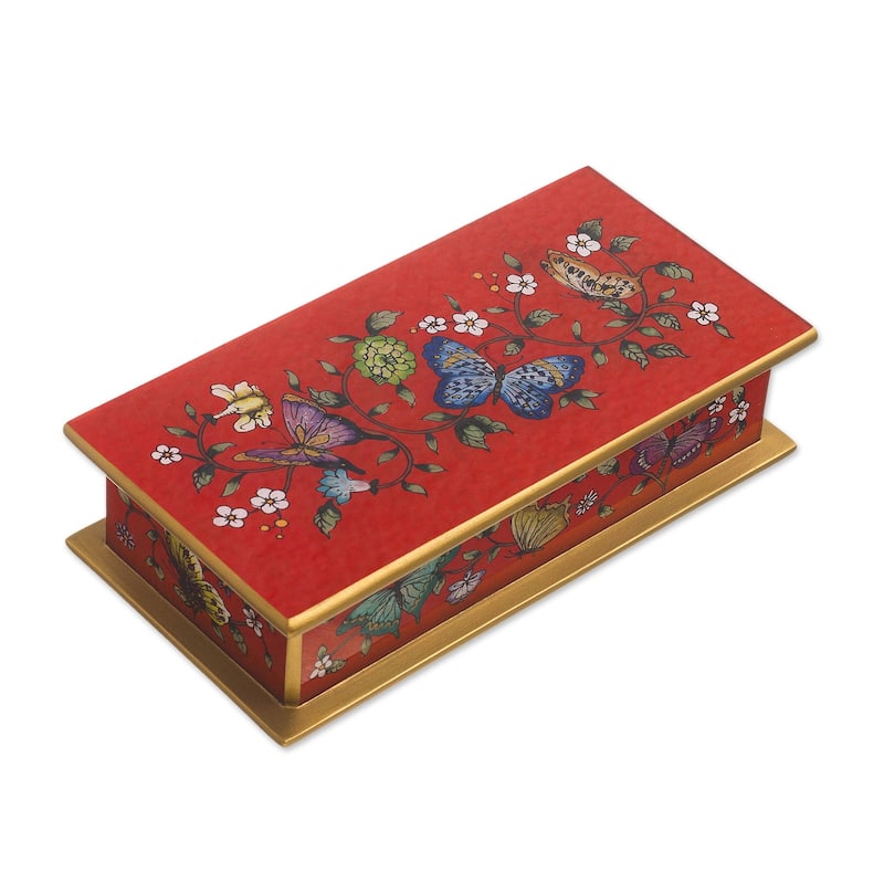 Novica Handmade Butterflies On Scarlet Reverse-Painted Glass Decorative Box - Red