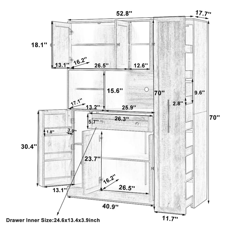 52.8" Farmhouse Buffet Cabinet with Hutch, Kitchen Pantry Storage Cupboard with Pull-Out Side Cabinet, Door Shelves and Drawer