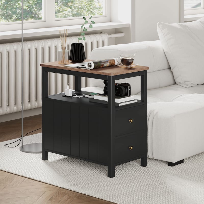 Modern Narrow Design End Table with Power Outlets and Two Drawers Display Shelf - 14.2"L x 23.6"W x 23.8"H