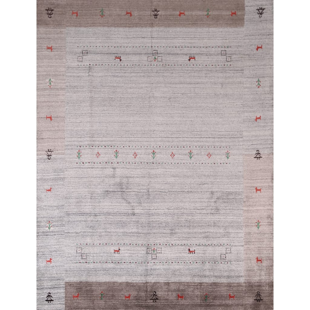 Gabbeh Indian Area Rug Hand-Knotted Tribal Beige Wool Carpet - 6'8"x 8'1"