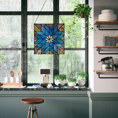 River of Goods Multicolored Geometric Floral River of Goods Stained Glass Window Panel - 12" x 0.25" x 12"