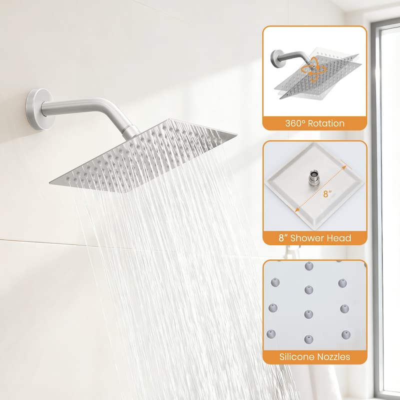 8-Inch Brushed Wall-Mounted Shower System with Rainfall Showerhead and Zinc Alloy Handle - Brushed