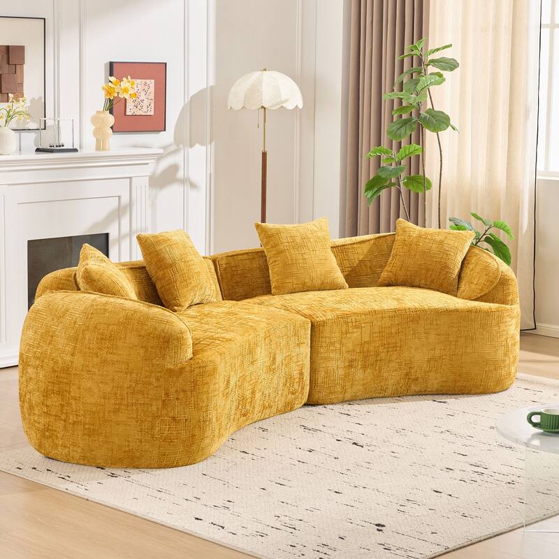 Curved Sectional Sofa with Pillows, Chenille Upholstered 4 Seater Sofa, Full-Compressed Deep Seat Sofa for Living Room