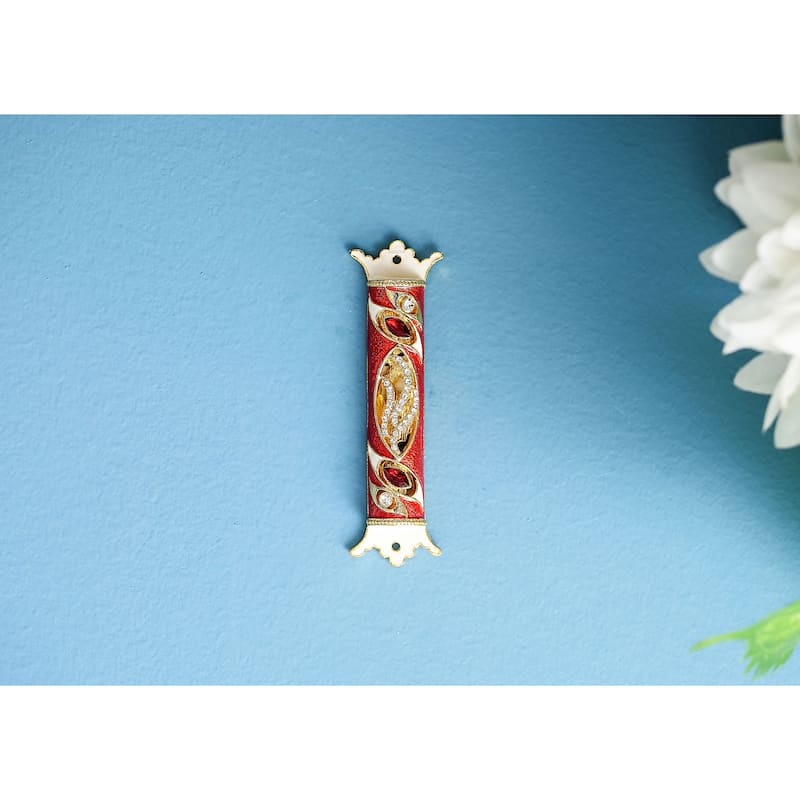 Matashi 4.5" Hand Painted Enamel Mezuzah Embellished with a Royal Red Design with Gold Accents Red and Clear Crystals