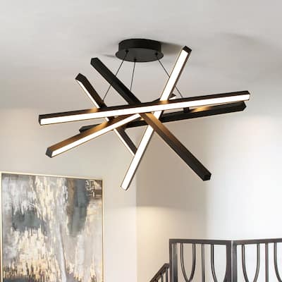 55-Watt 6-Light Modern Industrial Black Sputnik Rectangle Metal Integrated LED Chandelier for Living Room, Bedroom