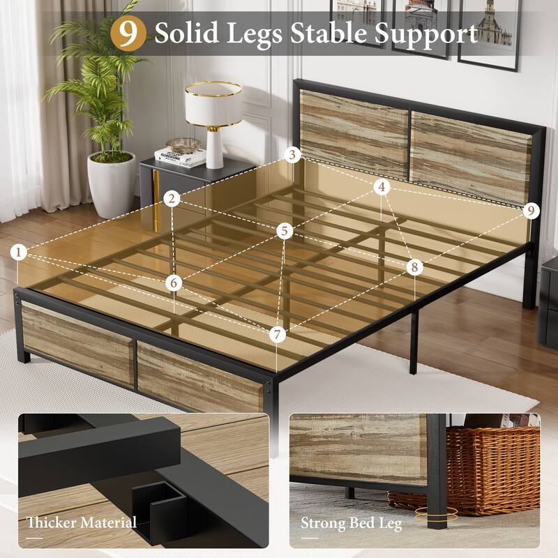 VECELO Platform Bed Frame with Wooden Headboard Heavy Duty Steel Slats Support No Box Spring Needed