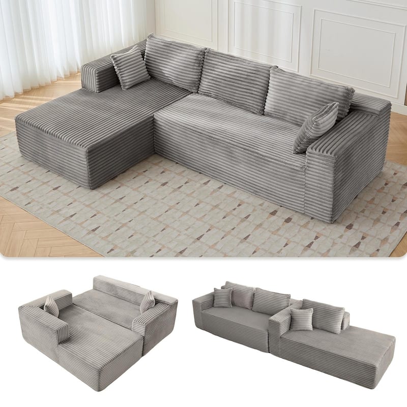 Modular L Shaped Sectional Sofa with Chaise Lounge, Corduroy Upholstered Boneless Sleeper Sofa, Compression Sofa with Deep Seat - Grey