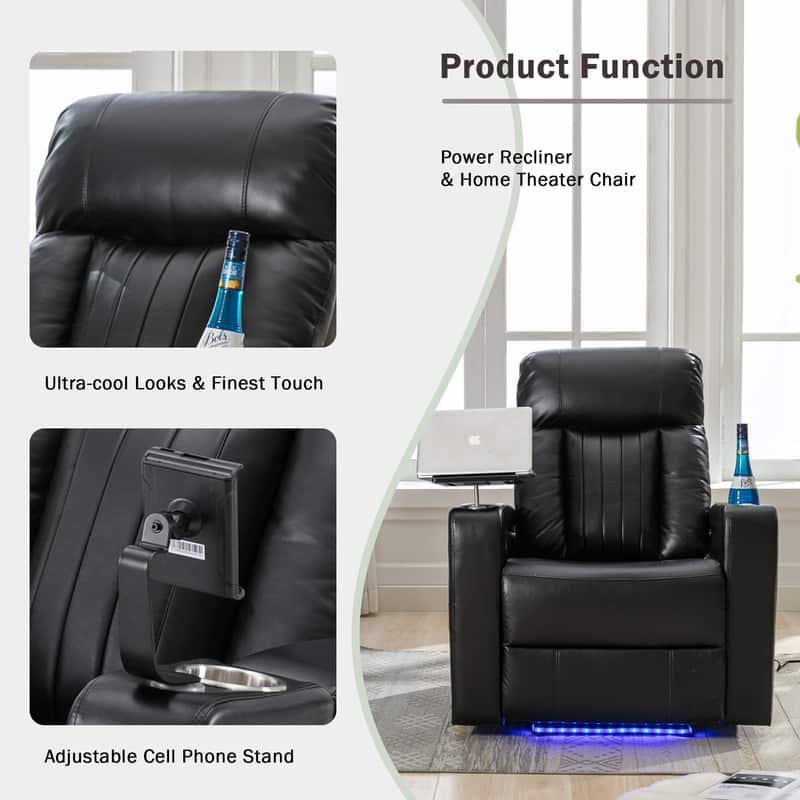 Power Motion Recliner with Hidden Arm Storage, LED Light Strip, 2 Cup Holders, 360 Swivel Tray Table and Cell Phone Holder