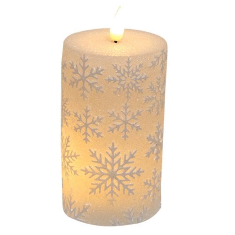 4-In Glitter Snowflake LED Pillar Candle with Timer - 5" x 3" - White