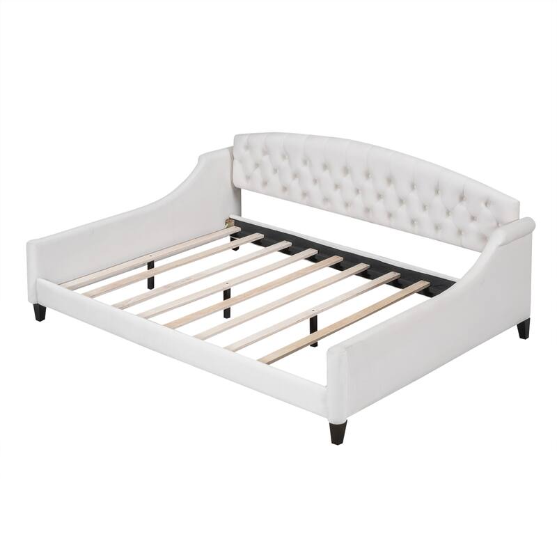 Full Size Tufted Button Daybed with Wood Frame No Box Spring Needed - Beige - Full
