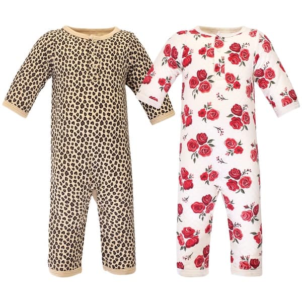 slide 1 of 1, Hudson Baby Infant Girl Premium Quilted Coveralls 2pk, Rose Leopard 0 - 3 Months - Brown/Red