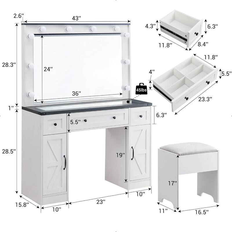 Farmhouse Vanity Desk with Mirror and Storage Space, Stool Included