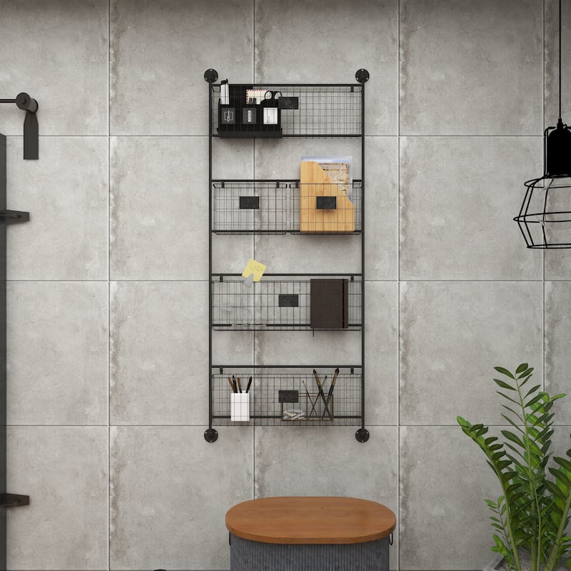 Black Metal 2 or 5 Slots Magazine Rack Holder with Suspended Baskets and Label Slot