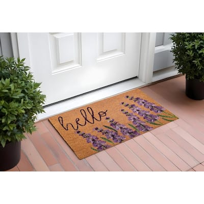HomeRoots 17" X 29" Natural Black and Purple Coir Floral Hello Outdoor Door Mat - 17.00' X '29.00