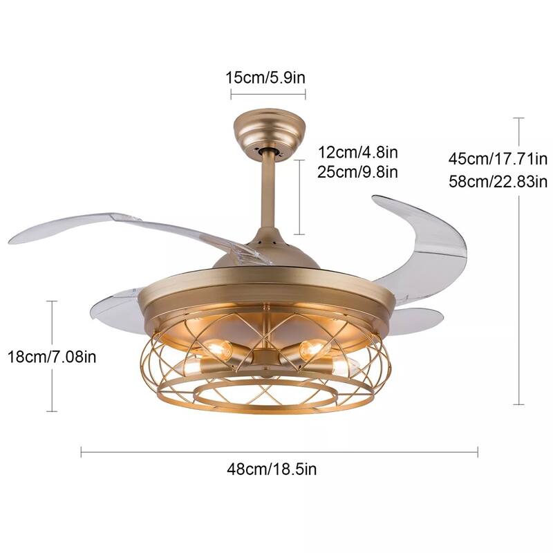 Caged Ceiling Fan Light Farmhouse Chandelier Fan Pedant Lamp Remote - 18" x 22"