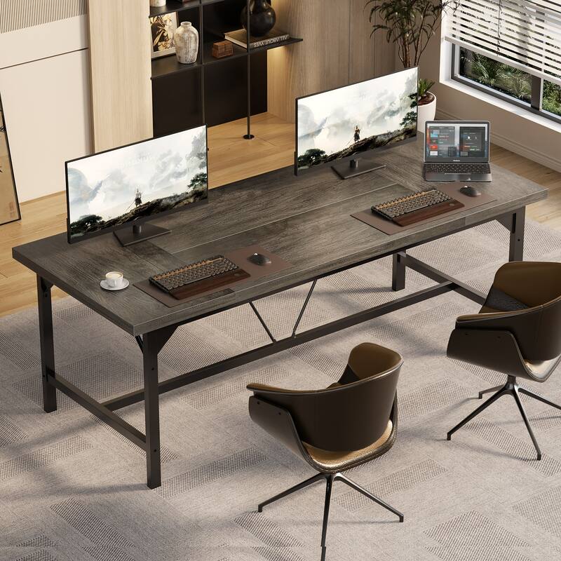 Modern Farmhose 70.8-Inch Executive Desk, Large Computer Office Desk Workstation Conference Table - 63'' - Grey Oak