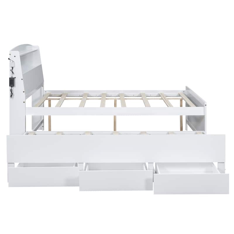 Full Size Platform Bed with Storage LED Headboard, Twin Size Trundle and 3 Drawers