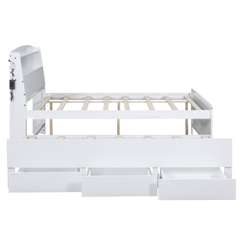 White Full Size Storage Platform Bed with LED Headboard, Twin Trundle and 3 Drawers