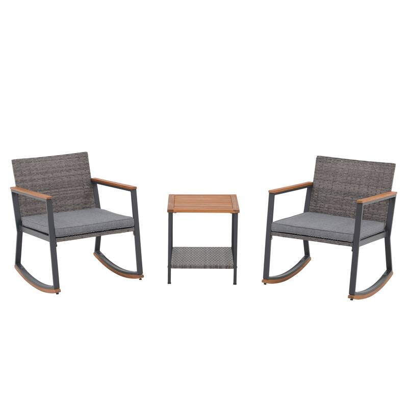 3-Piece Outdoor Wicker Rocking Chair Set with Cushions
