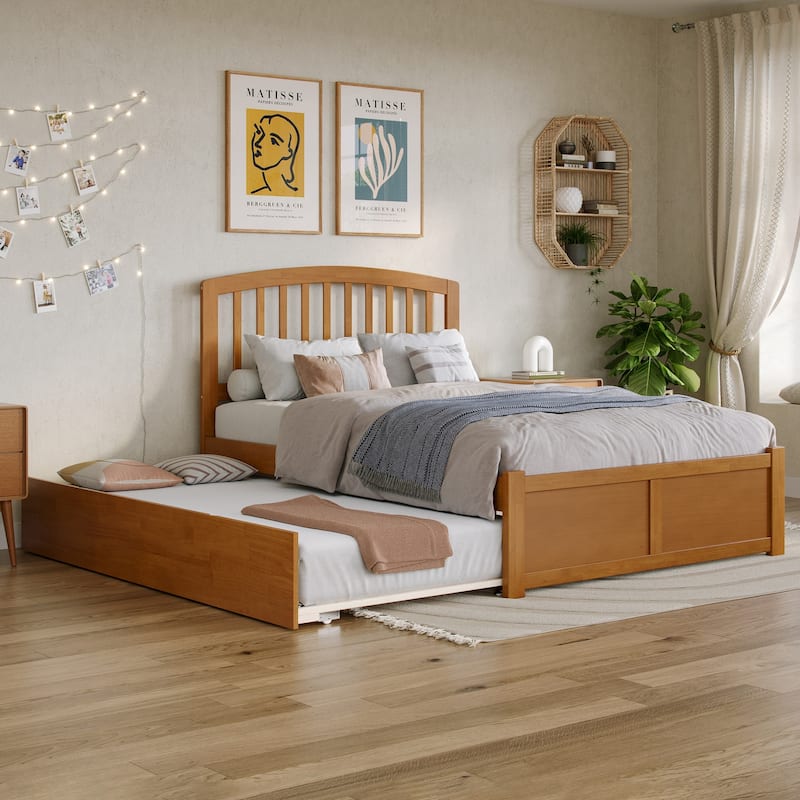 Solid Wood Platform Bed with Trundle - Full Size Bed Frame & Footboard - Light Toffee Finish