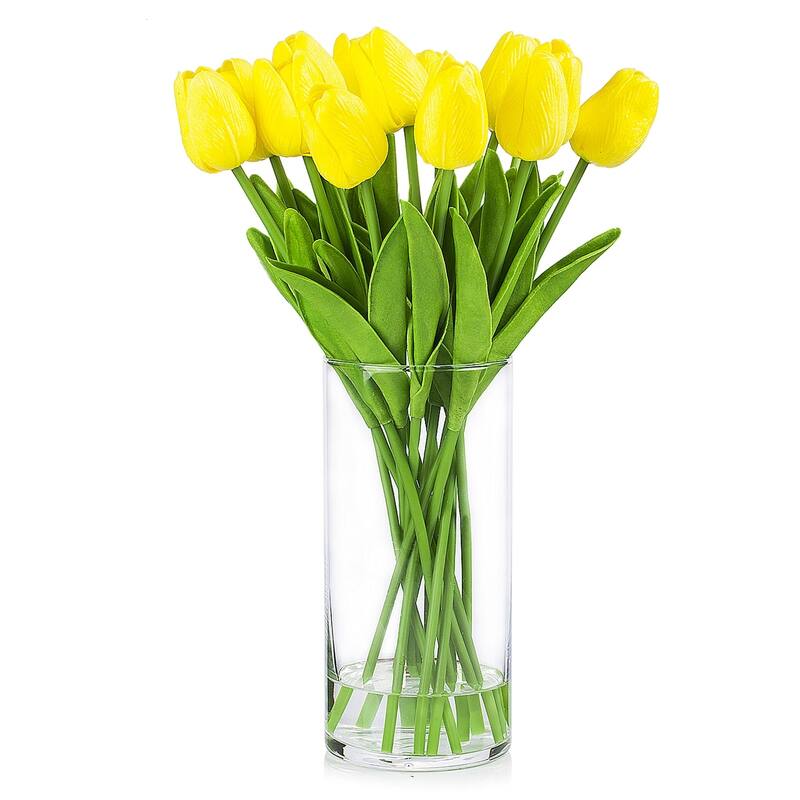 Enova Home Artificial Real Touch Tulips Fake Silk Flowers Arrangement in Clear Glass Vase with Faux Water for Home Decoration - Yellow