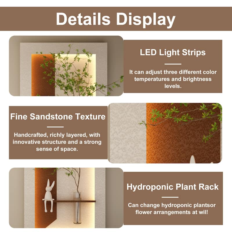 Adjustable 3-Color LED Sandstone Wall Decor with Simulated Green Plants, Glass Vase & Rabbit Statue, Remote Control Light Strips