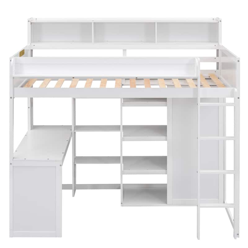 Space-Saving Twin Size Loft Bed with Wardrobe, Cabinets, Shelves, and Desk - Strong Pine Wood Frame