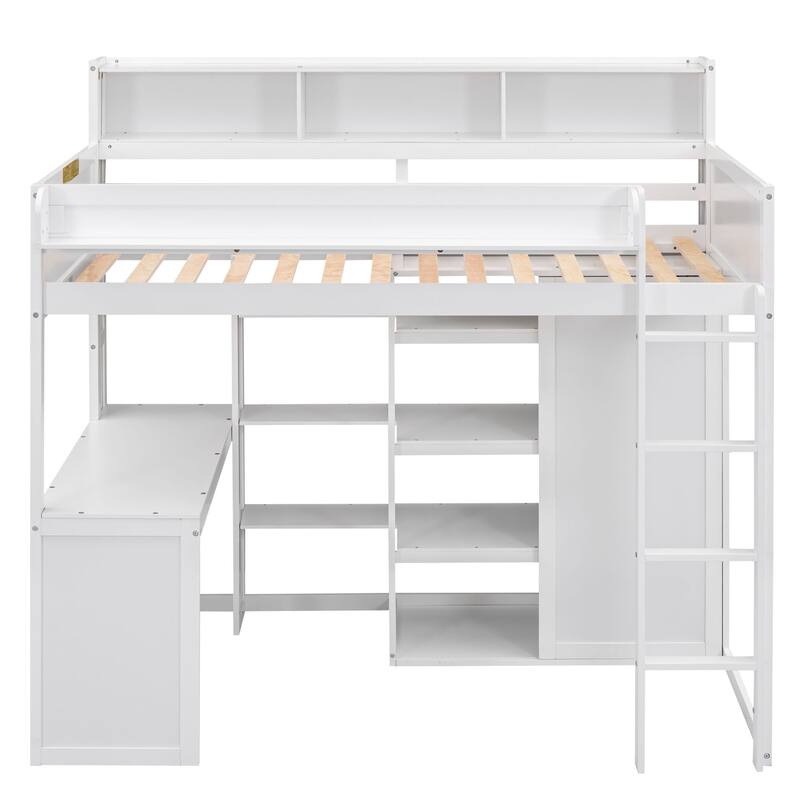 Twin Size Loft Bed with Storage Shelves, Wardrobe, and Built-in Desk, White