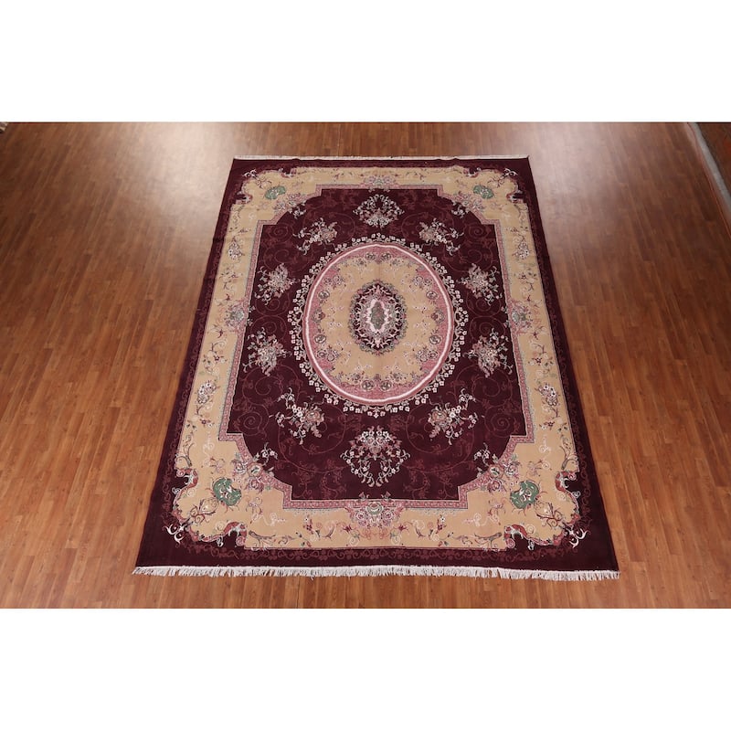 Victorian Style Burgundy Tabriz Area Rug Machine Made Carpet - 9'9" x 12'9"