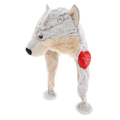 DolliBu I LOVE YOU Super Soft Plush Wolf Hat with Red Heart - 16 inches long