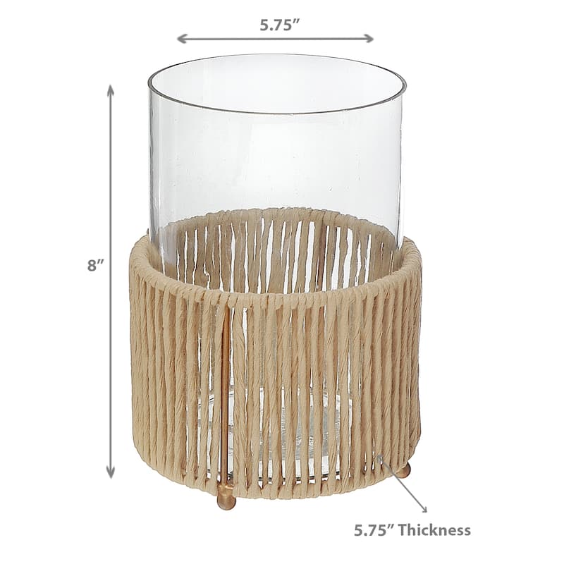 Glass Candle Holder Hurrican With Metal & Raffia Base 8"