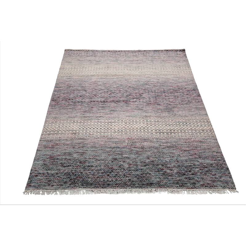 Beige Tibetan Wool & Bamboo Silk Hand Knotted Rug Geometric Style - 8' x 10'