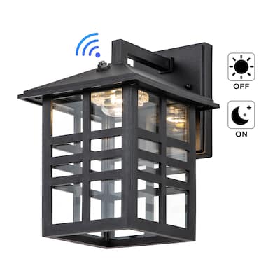 1-Light Black LED Dusk to Dawn Outdoor Wall Lantern Sconce with Clear Glass Shade - W7"xE8.5"xH10.5"