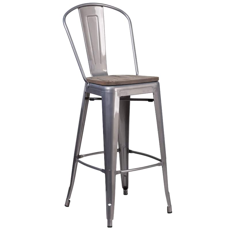 30" High Clear Coated Barstool with Back and Wood Seat - 17.75"W x 22.5"D x 46.5"H - 17.75"W x 22.5"D x 46.5"H