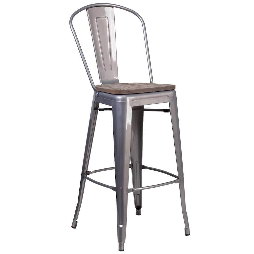 30" High Clear Coated Barstool with Back and Wood Seat - 17.75"W x 22.5"D x 46.5"H - 17.75"W x 22.5"D x 46.5"H