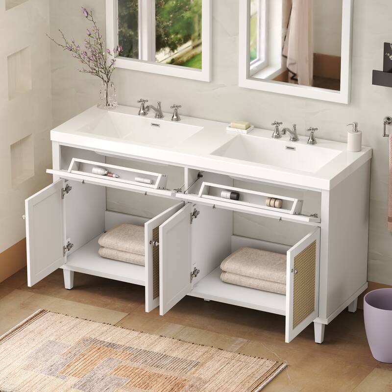 Christopher Knight Home - Bellmere 60" Modern Double Sink Bathroom Vanity with SMC Sink, Soft-Close Storage, and Solid Wood Legs