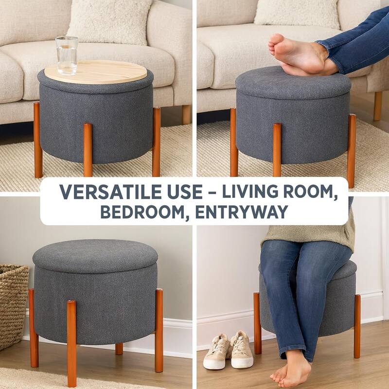 Modern Linen Ottoman with Pine Legs and Hidden Storage Flip Tray