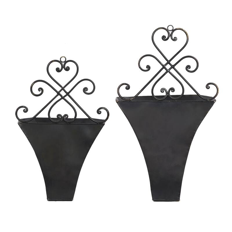 Brown Metal Indoor Outdoor Weathered Hanging Scroll Indoor Outdoor Wall Planter with Fleur-De-Lis Accent (Set of 2)