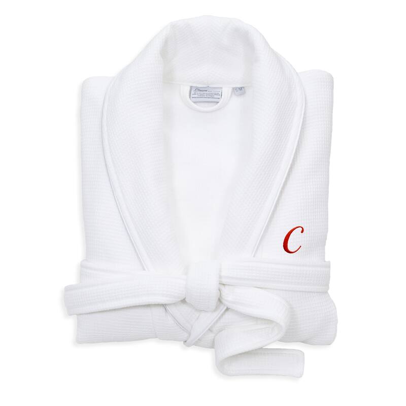 Authentic Hotel and Spa White Unisex Turkish Cotton Waffle Weave Terry Bath Robe with Red Script Monogram - S/M - C
