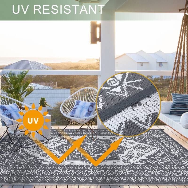 Outdoor Patio Rug Waterproof Reversible Carpet Vintage Boho Medallion Rug Plastic Straw Rug