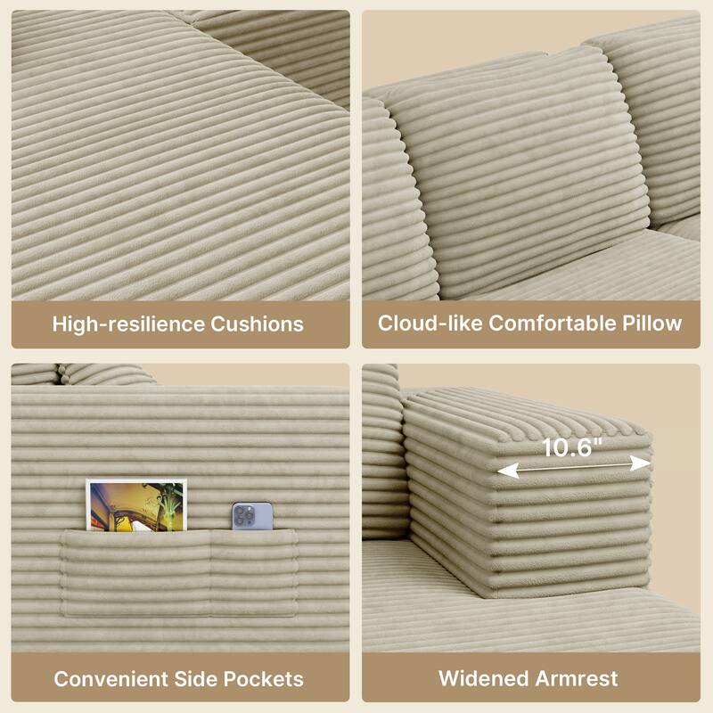 105" Cloud Sectional Couch with L-Shape Chaise, Modular Boneless Sofa, Upholstered Corduroy Couch