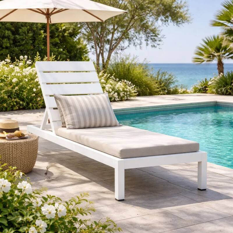 Josh 76 Inch Outdoor Chaise Lounger, White Aluminum Frame, Adjustable