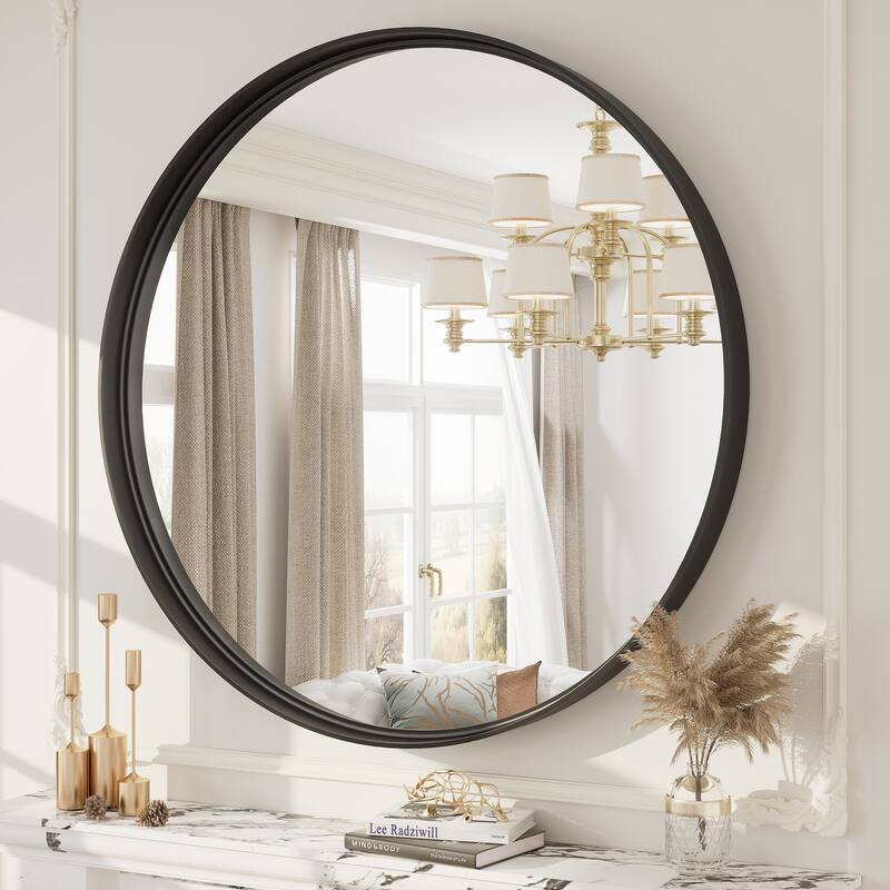 Round Tempered Glass and Metal Framed French Cleat Mounted Wall Bathroom / Vanity Mirror - 40" x 40" - Black