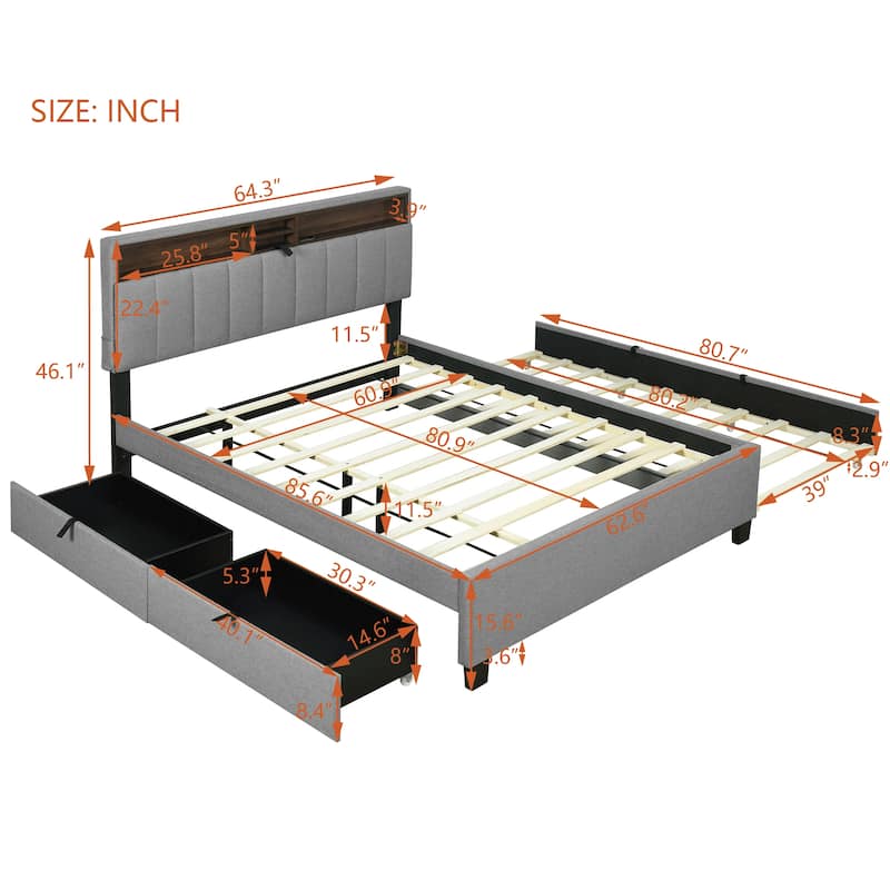 Upholstered Platform Bed with Storage Headboard