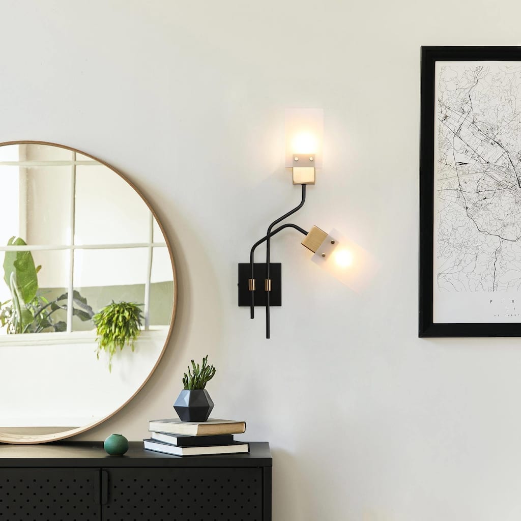 Modern Black Gold 2-Light Wall Sconce with Frosted Glass Shades