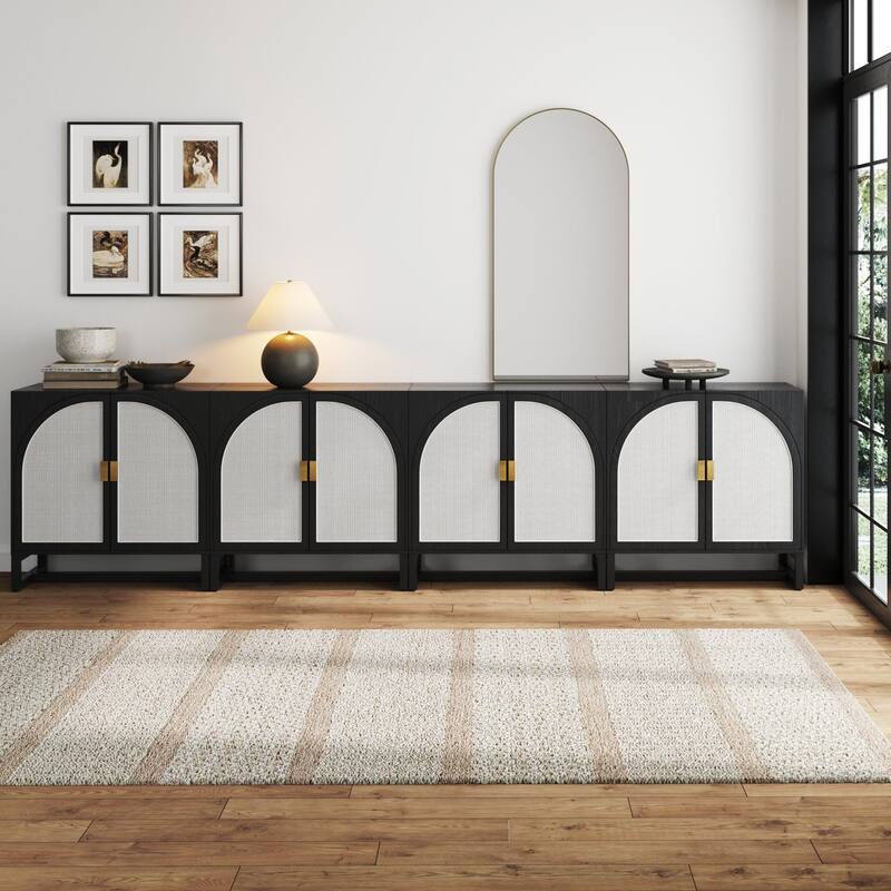 Paxton Boho Wood Storage Cabinet with Doors, Small Storage Cabinet or TV Stand with Rattan Door Details - Black Oak Set of 4