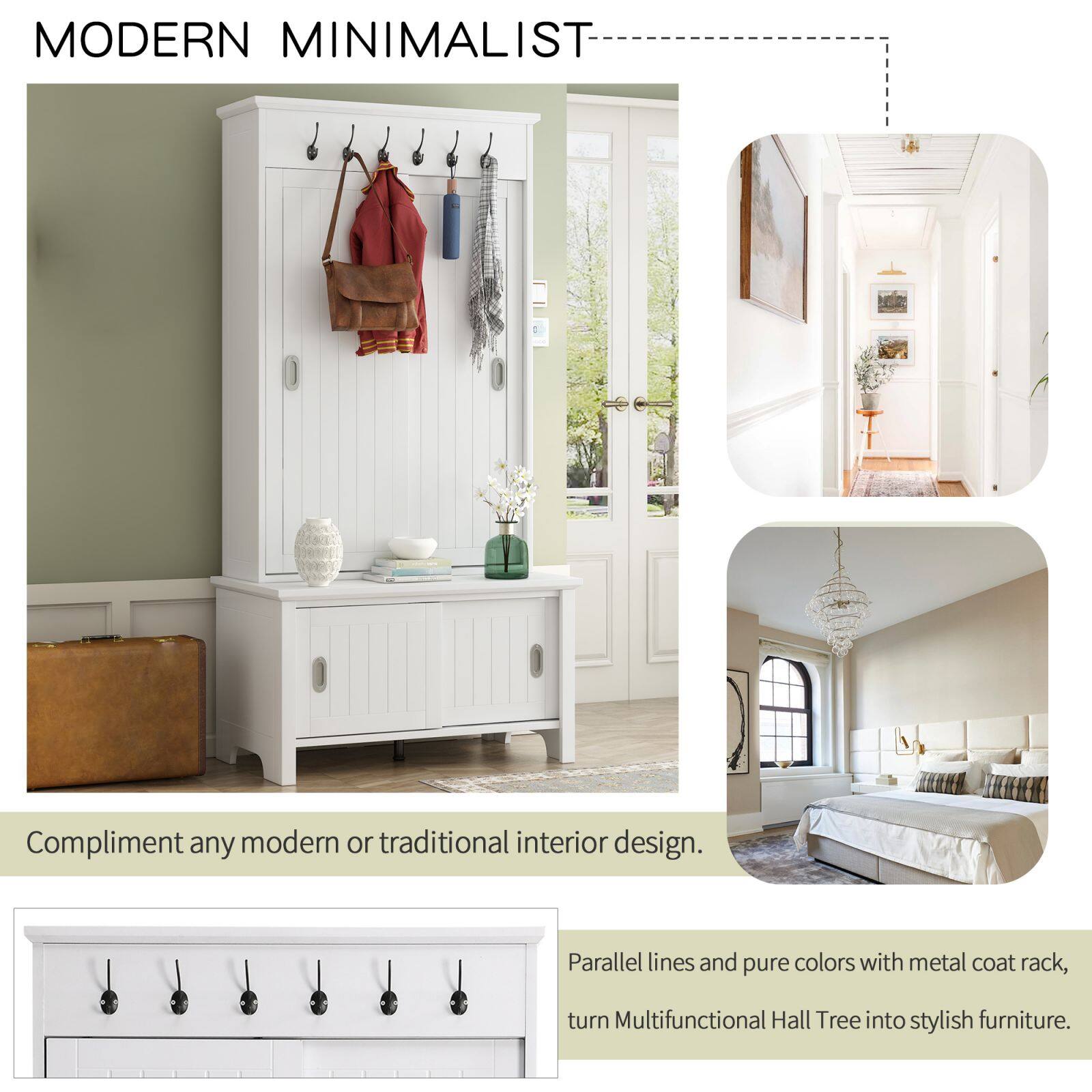 Hall Tree Entryway Bench with Sliding Doors,Multifunctional Shoe