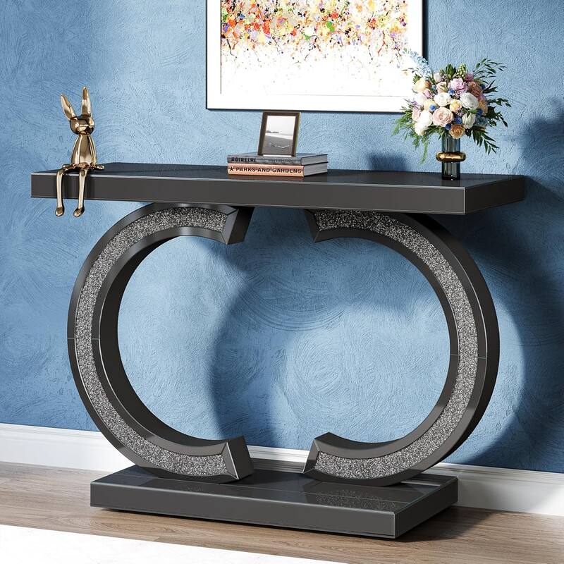 39-inch Mirrored Console Table for Entryway, Modern Silver Glass Sofa Table with Sparkling Crystal Inlays