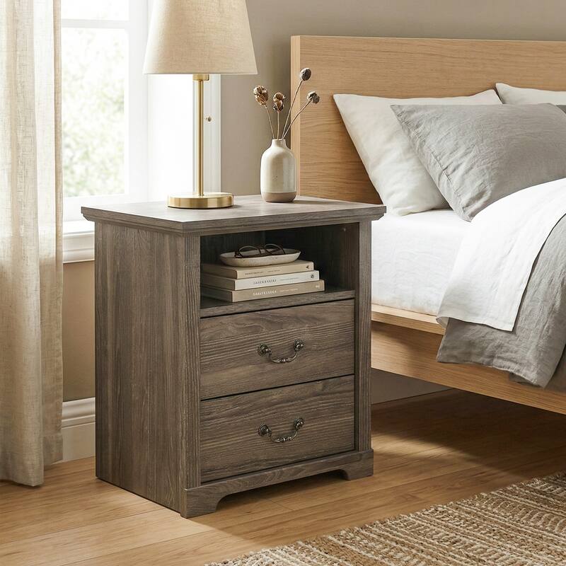 247 Shop At Home Marie 2-Drawer Nightstand with Open Storage Shelf - Dark Grey