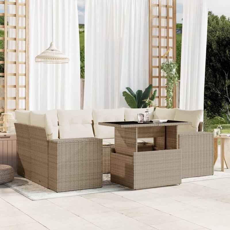 vidaXL Patio Sofa Set with Cushions Outdoor Furniture 7 Piece Poly Rattan - 24.4 x 24.4 x 27.2 - Beige and Cream-without storage